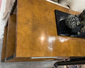 Vintage Baker three-self burl wood side table with barley twist brass sides. Measures 30” x 18” x 27.5” H. Photo 3 of 3.