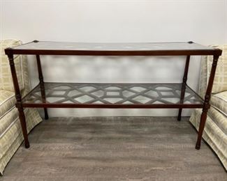 Smith Watson glass top side board with fretwork shelves. Measures 58” W x 32” H x 18” D. Photo 1 of 2.