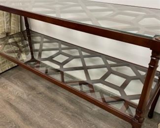 Smith Watson glass top side board with fretwork shelves. Measures 58” W x 32” H x 18” D. Photo 2 of 2.