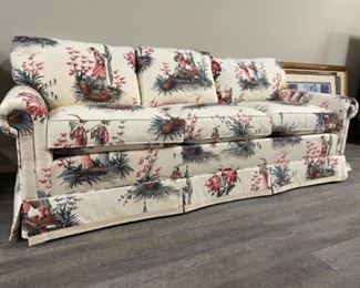 Sherrill three-seat sofa upholstered in an Asian print. Measures 82" W x 32" D. Photo 1 of 3.
