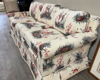Sherrill three-seat sofa upholstered in an Asian print. Measures 82" W x 32" D. Photo 3 of 3.