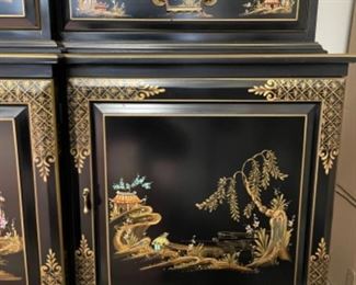 Vintage 2 piece black lacquer chinoiserie Chinese breakfront with interior lighting. Measures 90"W x 16" D x 82" H. Photo 2 of 2.