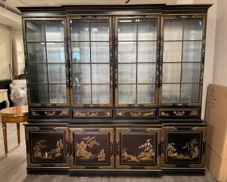 Vintage 2 piece black lacquer chinoiserie Chinese breakfront with interior lighting. Measures 90"W x 16" D x 82" H. Photo 1 of 2.