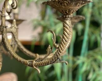 Antique 6-arm brass Italian chandelier with feather plume detailing. Measures 28" H x 24" W. Photo 3 of 4.