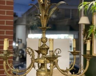 Antique 6-arm brass Italian chandelier with feather plume detailing. Measures 28" H x 24" W. Photo 1 of 4.
