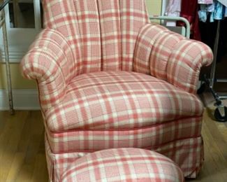 Brunschwig & Fils plaid upholstered club chair and ottoman. Measures 34" W x 34" D.