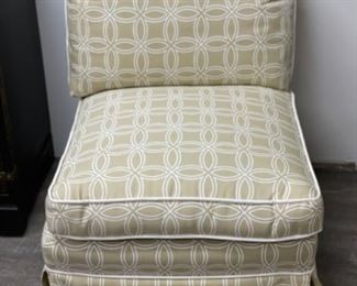 Pair of upholstered slipper chairs. Each measures 25" W x 34" D.