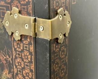 1 piece black lacquer chinoiserie cabinet with brass hardware and ball and claw feet. Measures 68" W x 40" W x 25" D. Photo 2 of 3.