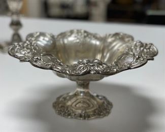 Reed & Barton Sterling Silver candelabras and matching sterling silver compote. Francesi pattern. Photo 2 of 2.