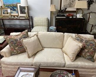 Custom damask upholstered three-seat sofa. Measures 78" W x 34" D. Photo 1 of 2.