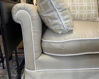 Sherrill curved-back, three-seat silk blend upholstered sofa with down-filled pillow and white piping trim. Measures 88" W x 33" D. Photo 2 of 2.