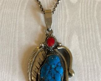 Sterling Turquoise & Coral Necklace, Pendant on Sterling Chain