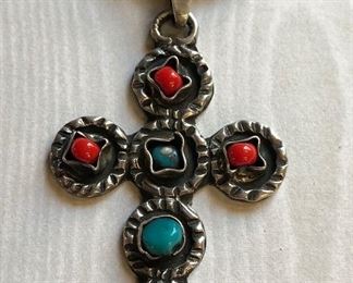 Sterling Turquoise & Coral Cross Pendant