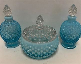 Fenton Blue Opalescent Hobnail Perfumes, Powder Box