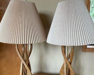 Mid-Century Wood Carved Lamp Set