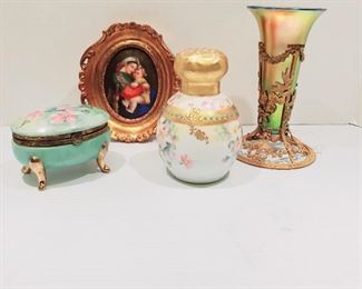 Loetz Vase, Hand Painted Muffiner, Madonna Porcelain Hand Painted Portrait