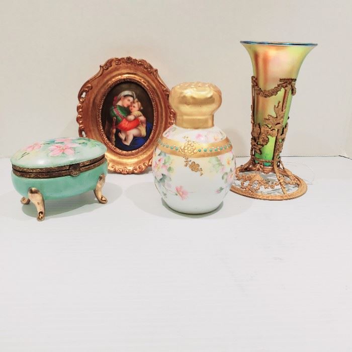 Loetz Vase, Hand Painted Muffiner, Madonna Porcelain Hand Painted Portrait