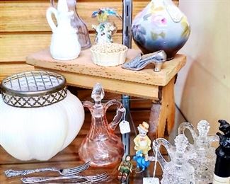 Loetz Flower Bowl, Sterling Flatware, Cruets