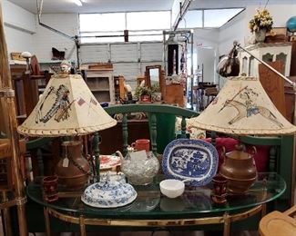 Native American Painted Rawhide Shades, Hammered Copper Lamps, Loads of Vintage Furnishings