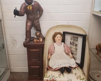 Vintage Garden Decor , 1920s Childs Wicker Chair, Folk Art Doll