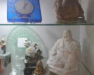 Large Bisque Buddah , Vintage Camel Figure , Mid Century Blue Wall Clock