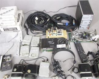 2 BOXES ELECTRONICS INCLUDING DC MOTORS, WIRELESS MIC EQUIPMENT, HEADSETS