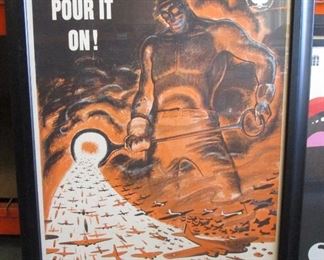 WORLD WAR II ANTI NAZI PROPAGANDA POSTER "POUR IT ON" (45X33) POSTER IS GLUED TO FRAME MUST SHIP WITH FRAME