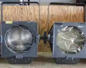 LOT OF 4 STRAND FRESNELITE STUDIO 6"LIGHTS WITH HANGERS AND C CLAMPS, BARN DOORS