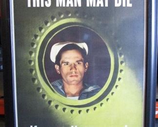 WORLD WAR II ANTI NAZI PROPAGANDA POSTER "THIS MAN MAY DIE" THIS POSTER IS GLUED TO FRAME MUST SHIP WITH FRAME