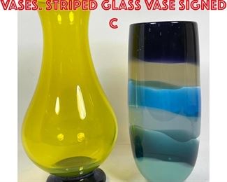 Lot 55 2pc Studio Art Glass Vases. Striped glass vase signed C