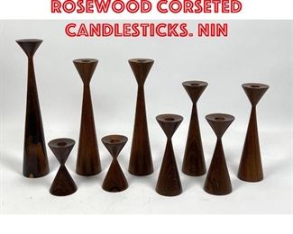 Lot 88 Set 9 Danish Modern Rosewood Corseted Candlesticks. Nin