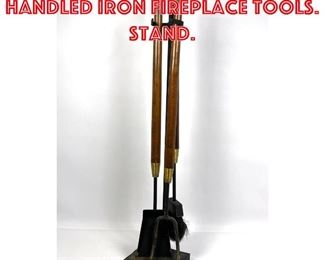 Lot 166 Set Modernist Wood Handled Iron Fireplace Tools. Stand.