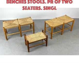 Lot 277 3pc Woven Rush Benches Stools. Pr of Two Seaters. Singl
