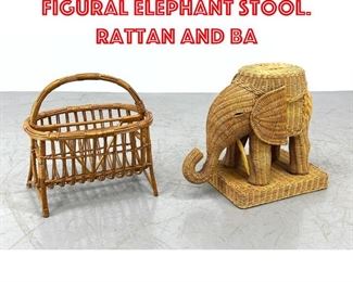 Lot 315 2pc Woven Rattan. Figural Elephant Stool. Rattan and Ba