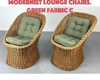 Lot 380 Pr Woven Rattan Modernist Lounge Chairs. Green fabric c