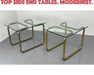 Lot 525 Pr Gold Tone Tube Glass Top Side End Tables. Modernist.