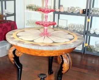 Pietra Dura Antique Table, Exceptional Victorian Cranberry Glass Epergne