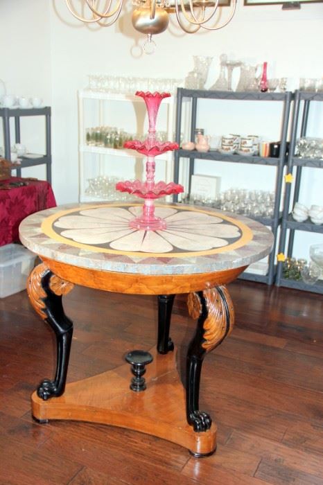 Pietra Dura Antique Table, Exceptional Victorian Cranberry Glass Epergne
