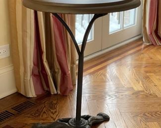 Restoration Hardware pedestal side table with metal base - 2 available. Each measures 20” D x 28” H. Photo 1 of 3.