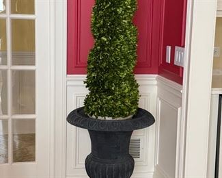 Black metal urn with faux boxwood topiary - 2 available. Urn measures 30”H with a 10” x 10” base. Topiary measures 4’ H. Photo 1 of 2.