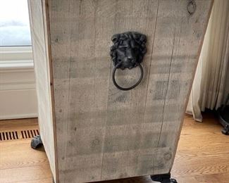 Restoration Hardware Leo Salvaged Wood & Metal lined planter with lion head handles and paw feet - 2 available. Each measures 22” x 22” x 36”H. Photo 1 of 4.