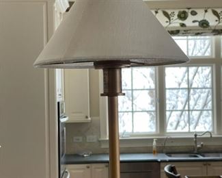 Restoration Hardware brass table lamp with white linen shade - 2 available. Each measures 35”H with a 5” x 5” base. Photo 1 of 2.