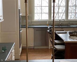 Restoration Hardware brass table lamp with white linen shade - 2 available. Each measures 35”H with a 5” x 5” base. Photo 2 of 2.