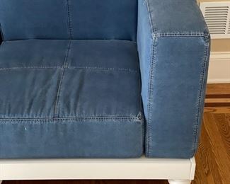 Denim upholstered loveseat or, two corner chairs, with white wood frame. Measures 66” W x 33” D. Photo 3 of 3.