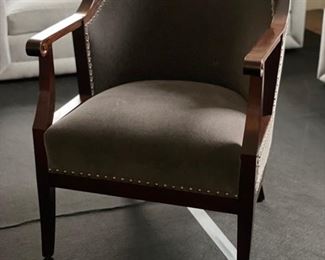 Pair of David Iatesta Barrel Back Arm Chairs. Upholstered in a smokey grey mohair fabric with nailhead trim. Photo 1 of 3.