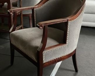 Pair of David Iatesta Barrel Back Arm Chairs. Upholstered in a smokey grey mohair fabric with nailhead trim. Photo 2 of 3.