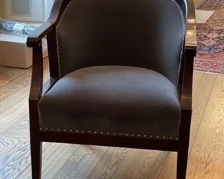 Pair of David Iatesta Barrel Back Arm Chairs. Upholstered in a smokey grey mohair fabric with nailhead trim. Photo 3 of 3.