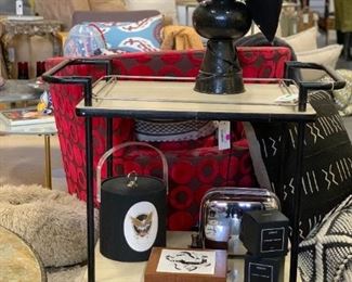 MID CENTURY BLACK/TAN BAR CART