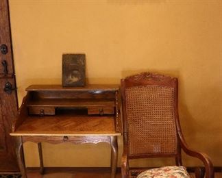Antique cane rocker, antique desk