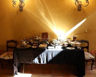 Antique chairs, silver plate serving ware